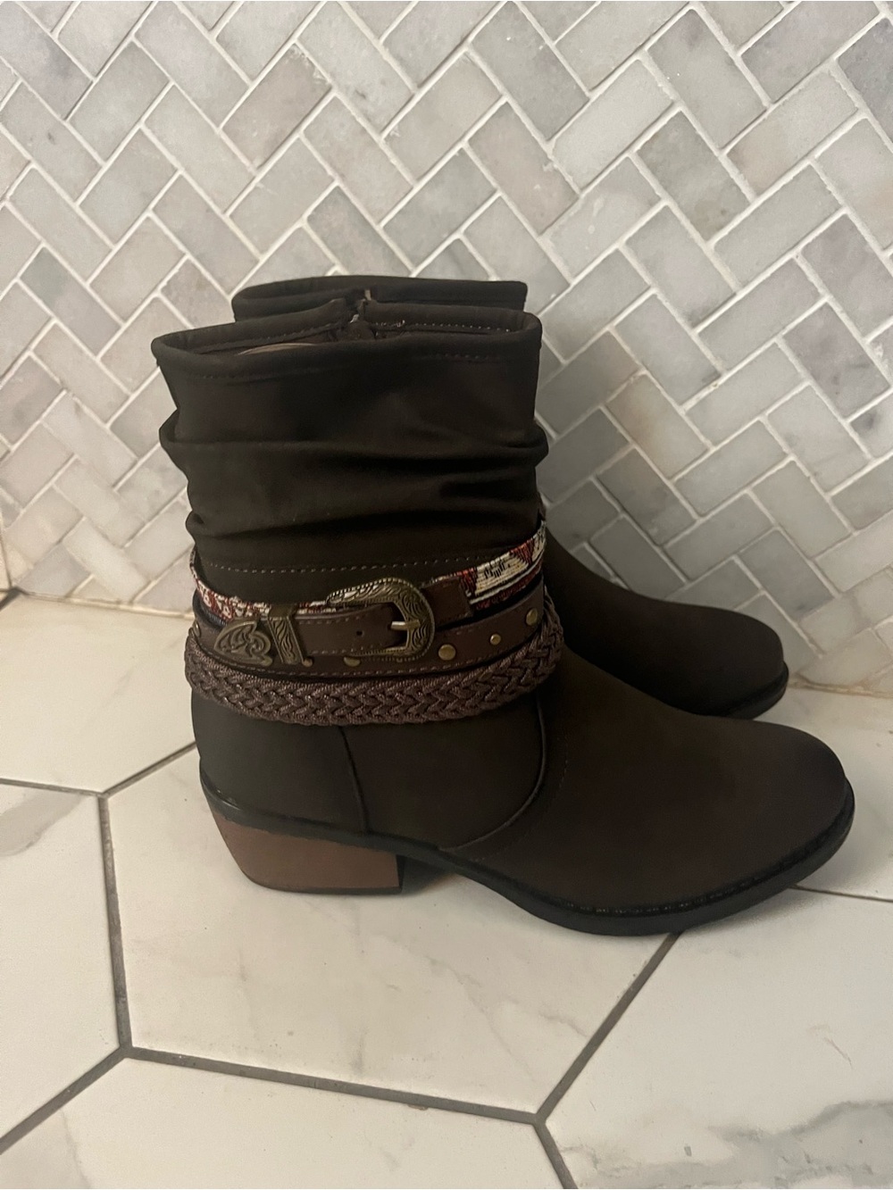 Roper Dark Brown Slouch Ankle Boots with Braided and Buckle Strap